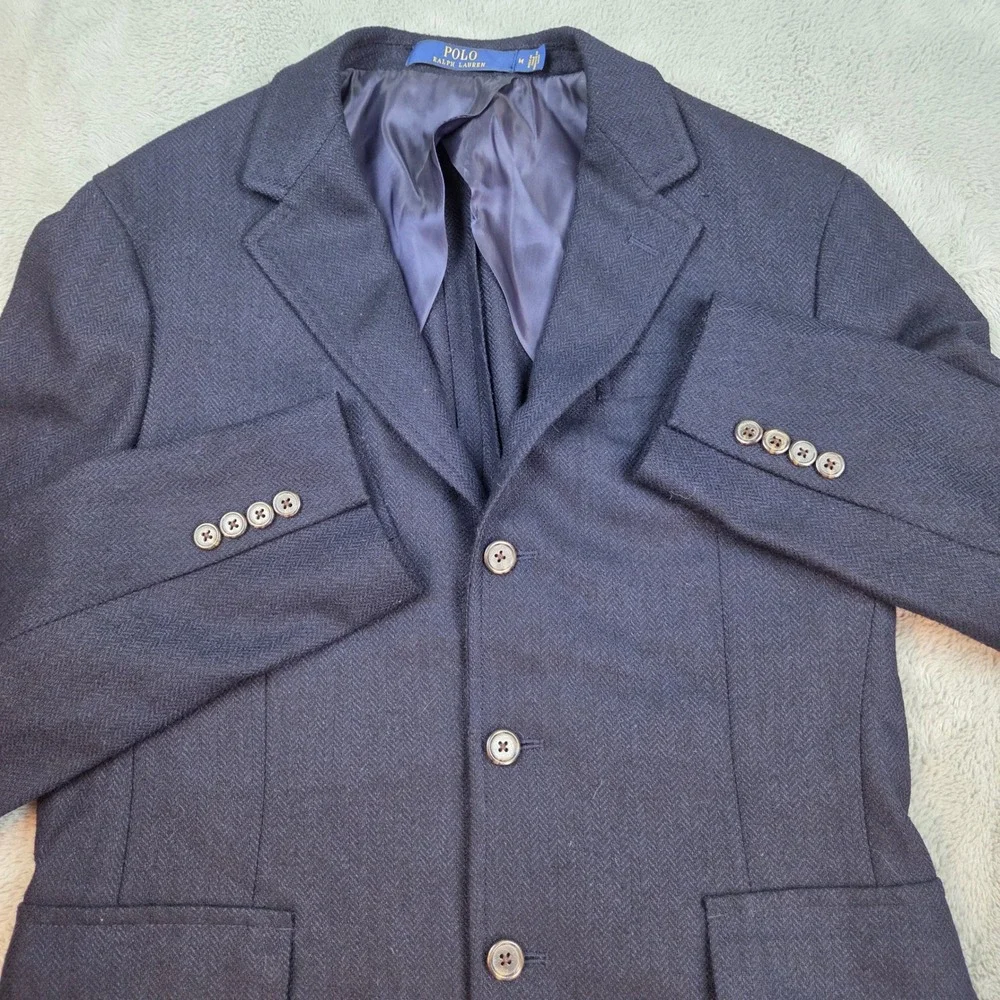 Polo Ralph Lauren Wool Blend Blazer Mens M Herringbone 3-Button Sport Coat Navy‎
